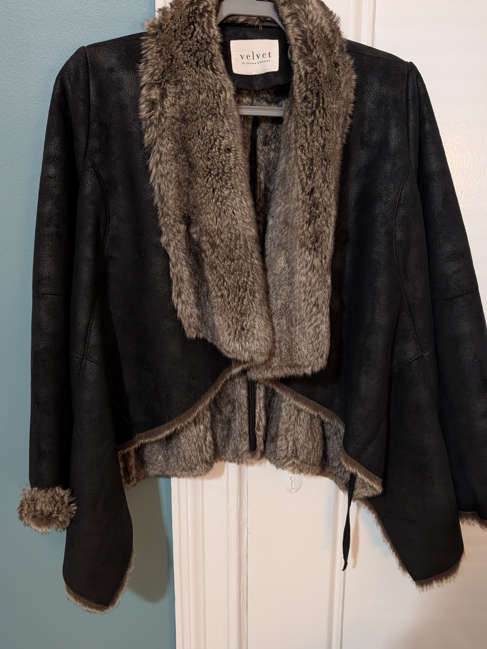 Velvet by Graham & Spencer Black Faux Suede Jacket with Gray Faux Fur Trim